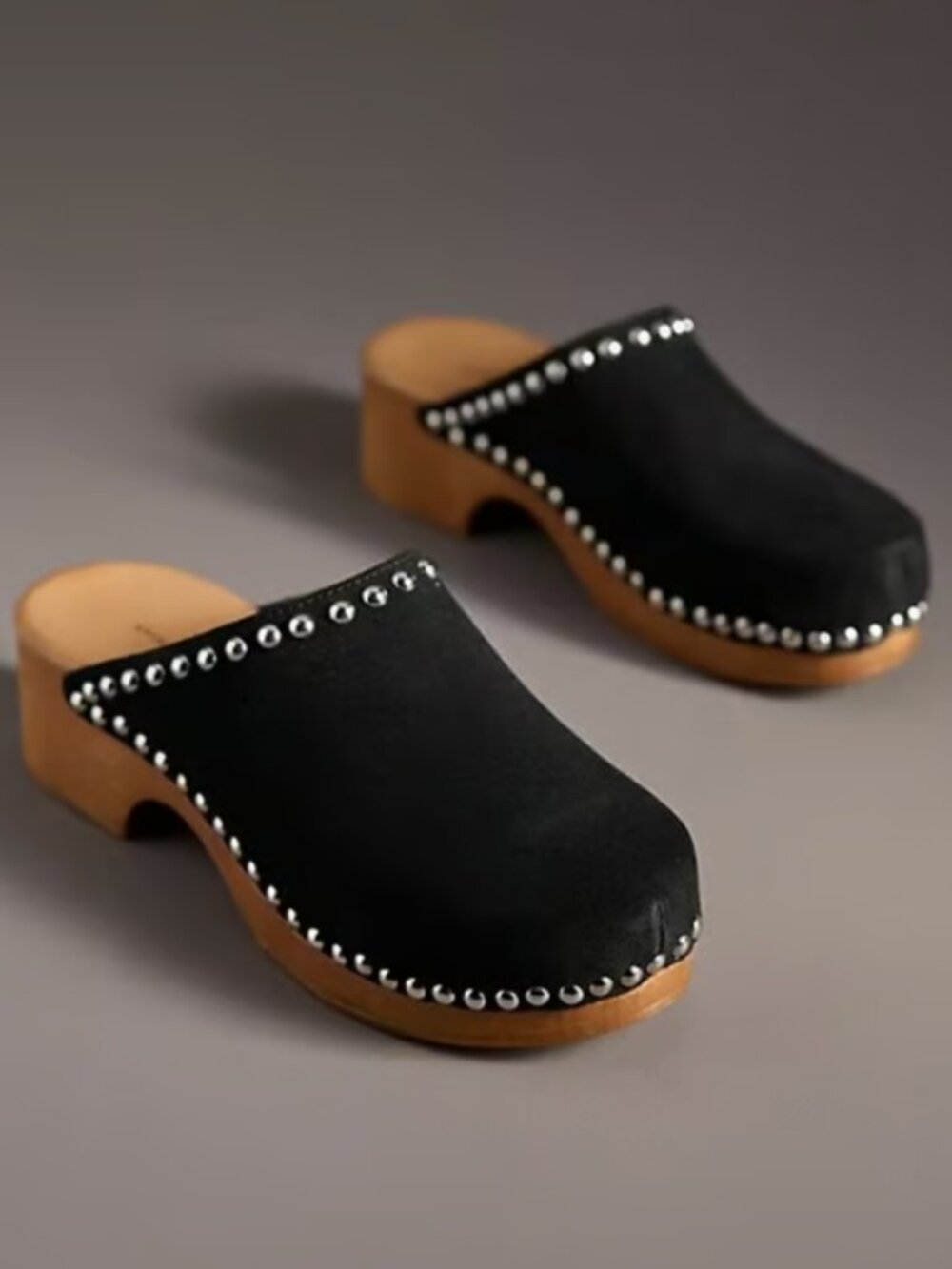 Anthropologie Black Suede Studded Clogs Size 39 US 8